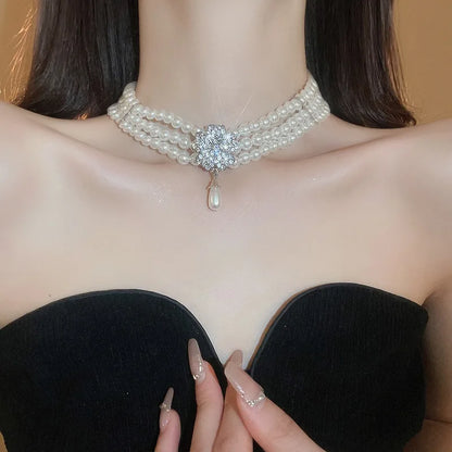 Flower Party Jewelry Set for Women with Imitation Pearl Multi-Layer Necklace, Rhinestone Bracelet and Earrings, French Luxury Shiny Accessory Set for Weddings and Events