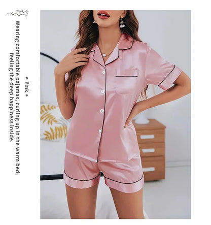 Women’s Satin Pajama Set Button-Down Sleepwear with Short Sleeve Top and Shorts, 2-Piece Summer Loungewear Nightwear Set