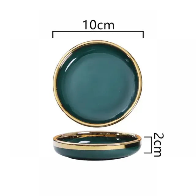 Luxury Green Ceramic Dinnerware Set with Gold Rim, Porcelain Plates & Bowls for Dessert, Salad & Soup