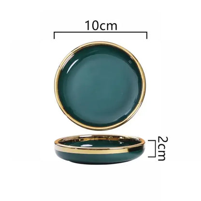 Luxury Green Ceramic Dinnerware Set with Gold Rim, Porcelain Plates & Bowls for Dessert, Salad & Soup