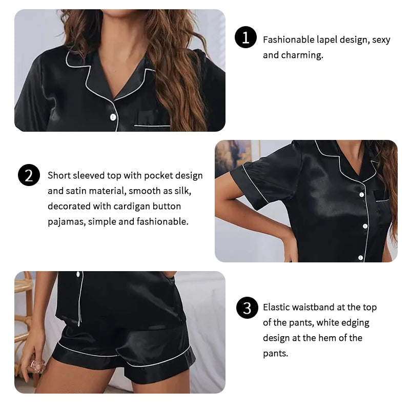 Women’s Satin Pajama Set Button-Down Sleepwear with Short Sleeve Top and Shorts, 2-Piece Summer Loungewear Nightwear Set