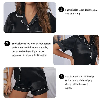 Women’s Satin Pajama Set Button-Down Sleepwear with Short Sleeve Top and Shorts, 2-Piece Summer Loungewear Nightwear Set