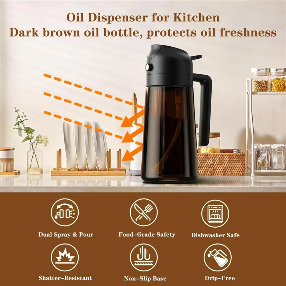 2-in-1 Glass Oil Dispenser & Sprayer – 16oz / 470ml Leakproof Olive Oil Sprayer Bottle for Cooking and Baking