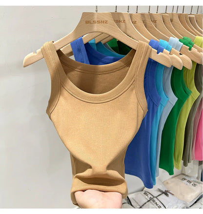 Women’s Ribbed Cotton Tank Top Solid Color Round Neck Camisole, High Stretch Summer Basic O-Neck Sleeveless Casual Top