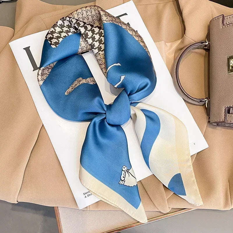 Luxury Printed Silk-Style Square Scarf for Women, Soft Satin Neckerchief Headband and Hair Ribbon, Fashion Hijab and Bag Accessory for Office and Daily Wear