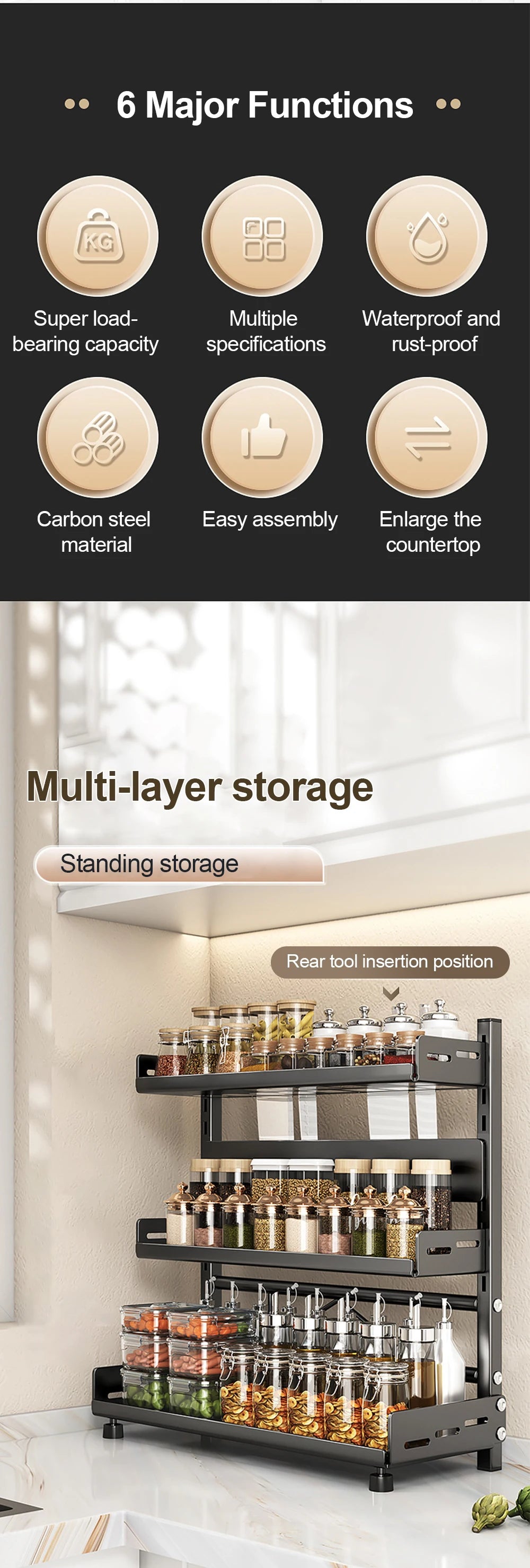 3-Tier Spice Storage Rack for Countertop, Adjustable Metal Kitchen Organizer Shelf for Cabinet & Pantry – Black