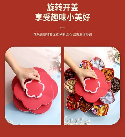 Multi layered petal rotating fruit tray with lid, multifunctional dry fruit and snack storage box for home living room