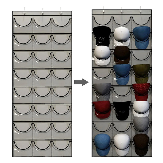 Hat Storage Holder Organizer – Door Hanging Rack with 24 Clear Pockets for Baseball Caps