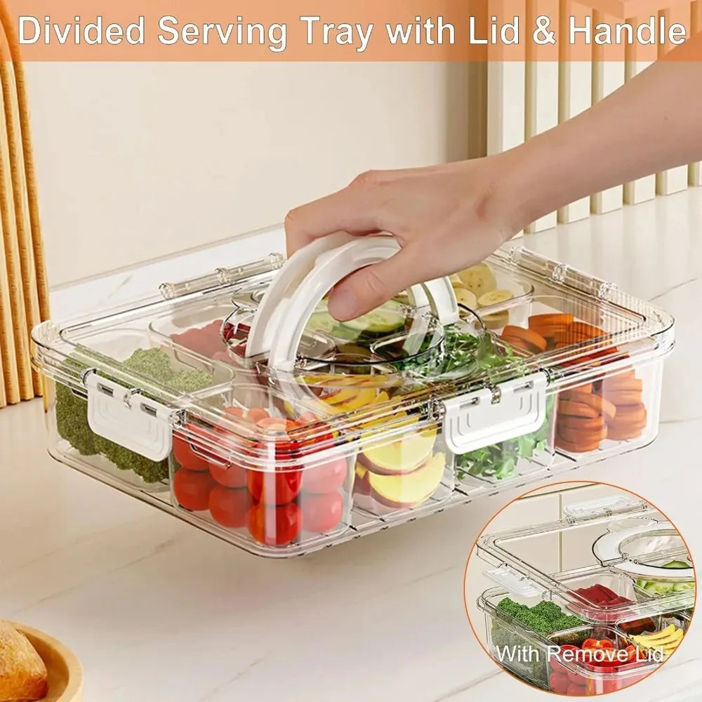 8-Grid Divided Snack Box with Lid & Handle, Clear Food Storage Container for Fruits, Vegetables & Snacks