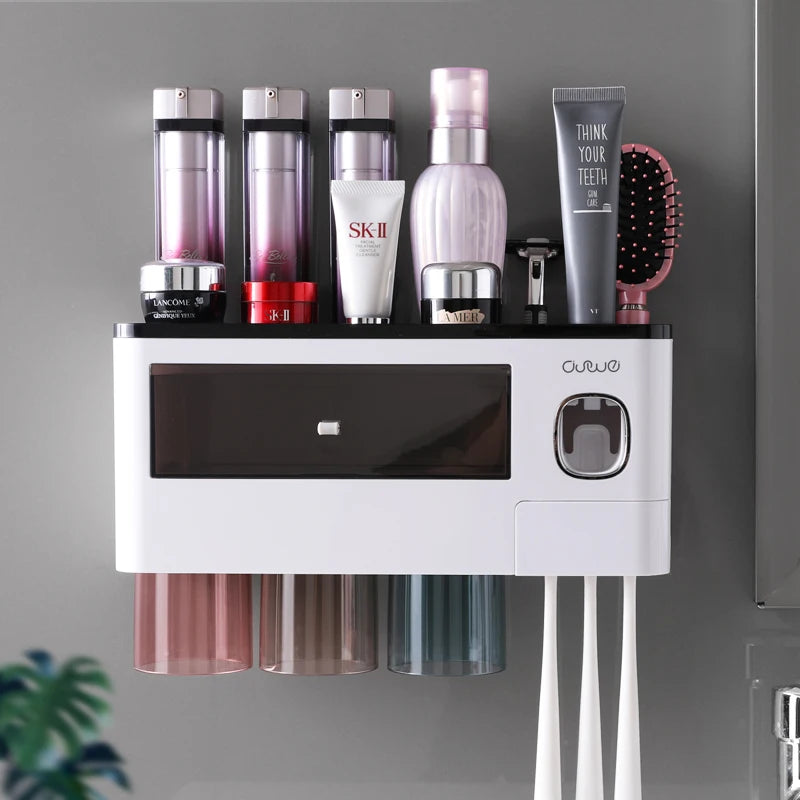 Bathroom Accessories Set with Automatic Toothpaste Dispenser, Magnetic Inverted Toothbrush Holder & Storage Rack