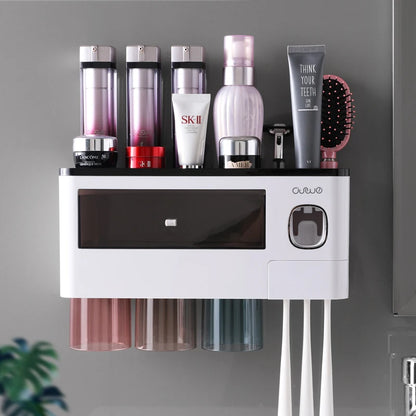 Bathroom Accessories Set with Automatic Toothpaste Dispenser, Magnetic Inverted Toothbrush Holder & Storage Rack