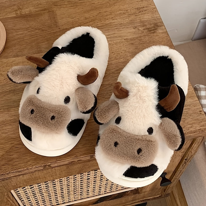 Cute Milk Cow Slippers | Women and Men Fuzzy Slippers, Winter Plush Platform Slides, Indoor Kawaii Shoes, Cartoon Style, Fabric Upper and Insole, TPU Sole