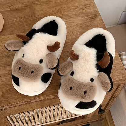 Cute Milk Cow Slippers | Women and Men Fuzzy Slippers, Winter Plush Platform Slides, Indoor Kawaii Shoes, Cartoon Style, Fabric Upper and Insole, TPU Sole