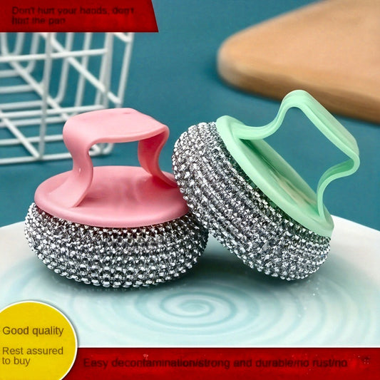 2pcs/Stainless Steel Sponge Handle Scrub Bru Nsh Kitchen Cleaning Tool, On-Scratch Nano Wire Detachable Stain Removal Ball for Home Use, No Residue Multi-Purpose Cleaning Brushp