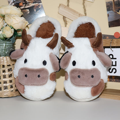 Cute Milk Cow Slippers | Women and Men Fuzzy Slippers, Winter Plush Platform Slides, Indoor Kawaii Shoes, Cartoon Style, Fabric Upper and Insole, TPU Sole