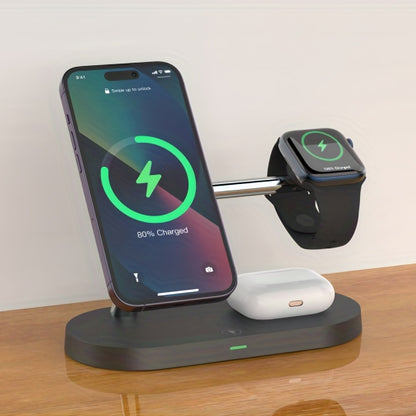 TIMESS 5-in-1 Magnetic Wireless Charger Stand with 15W Fast Charging, LED Night Light & Home Hub - Compatible with for iphone 15/14/13/12 Pro Max Mini, Apple Watch 9/8/7/SE/6/5/4/3/2, Airpods 3/2/pro - Usb-powered