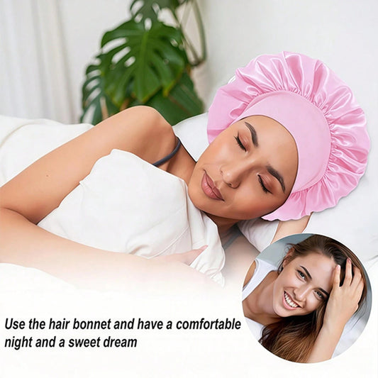 1pc Satin Sleep Cap, Soft Elastic Anti-frizz Hair Bonnet, Satin Hair Wrap for Curly Hair, Black and Golden Color, Home Bathroom Decor