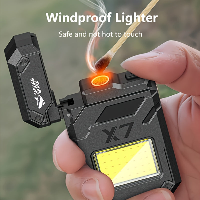 1pc Smiling Shark 2-in-1 LED Flashlight & Windproof Plasma Arc Lighter - USB-C Rechargeable,, 3-in-1 Mode (Flashlight, Floodlight, Ignition) with USB Cable, Ergonomic Grip & One-Touch Operation for Camping, Outdoor, Indoor -