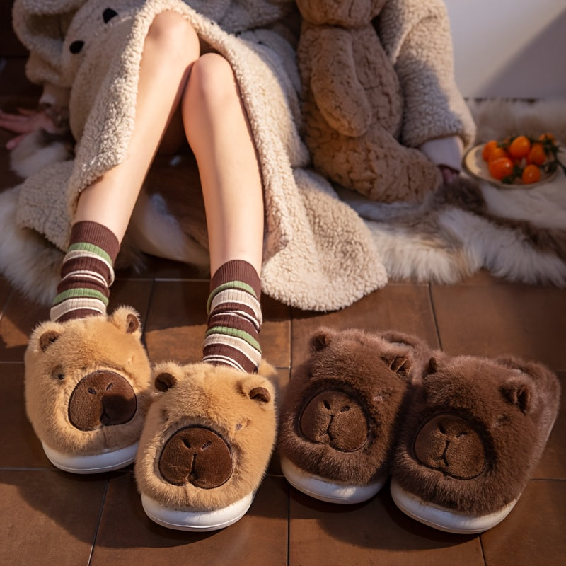 Men And Women Couple'S Anti-Slip Indoor Warm Plush Slippers for Home, Featuring Cartoon Capybara Design for Winter Holidays.