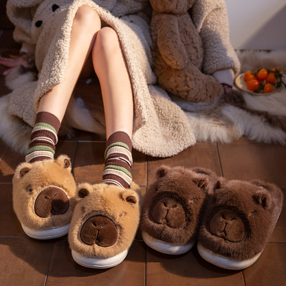 Men And Women Couple'S Anti-Slip Indoor Warm Plush Slippers for Home, Featuring Cartoon Capybara Design for Winter Holidays.