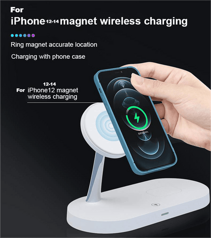 TIMESS 5-in-1 Magnetic Wireless Charger Stand with 15W Fast Charging, LED Night Light & Home Hub - Compatible with for iphone 15/14/13/12 Pro Max Mini, Apple Watch 9/8/7/SE/6/5/4/3/2, Airpods 3/2/pro - Usb-powered