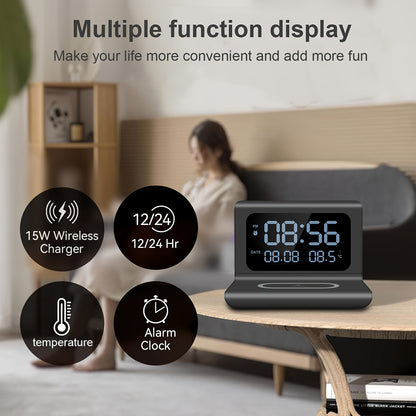 3in 1 Wireless Charger, Time Temperature Display, Alarm Clock for Bedroom Desk, Charging Dock Station for iPhone 16 15 14 13 12 11 Pro Max/Mini/Plus/XR/X/8 AirPods 2/3/4/Pro/Pro 2, AirPods 4/3/Pro/2, for Samsung S25/S23/S22/S
