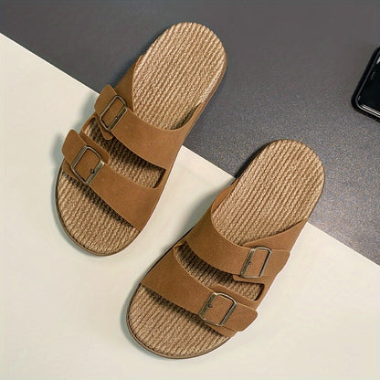 Men'S Quick-Dry Breathable Slide Sandals - Comfortable Indoor/Outdoor Summer Beach Shoes with Double Buckle Closure, Stylish Brown Faux Cover Design for Casual Wear, Beach Footwear | Stylish Men'S Sandals | EVA Sole Sandals
