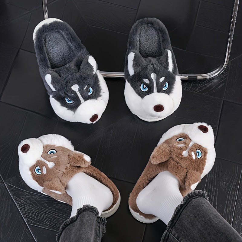 Adorable Husky-Shaped Plush Slippers for Men & Women - Soft, Durable, Warm & Cozy Indoor/Outdoor Wear, Brown & White Cartoon Design, Slip-On Style, Perfect for Fall/Winter Season, Cozy Home Shoes | Trendy Slippers | Durable S