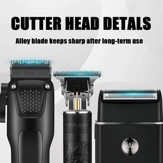 3pcs Men'S Professional Hair & Beard Grooming Kit - Cordless Clippers with LED Display, Precision Trimmer Set, USB Rechargeable, for Home Use, Perfect Holiday Gift