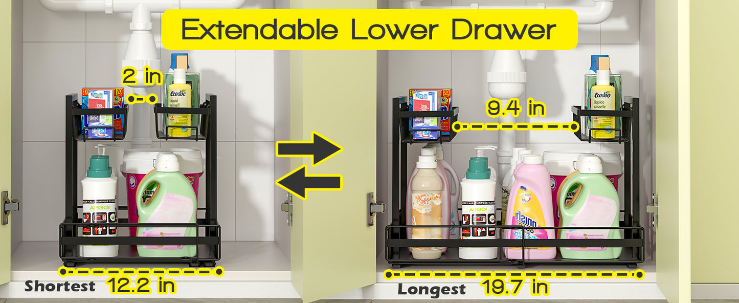 2-Tier Expandable Under Sink Organizer – Adjustable Metal Storage Shelf for Kitchen & Bathroom (Black)