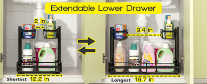 2-Tier Expandable Under Sink Organizer – Adjustable Metal Storage Shelf for Kitchen & Bathroom (Black)