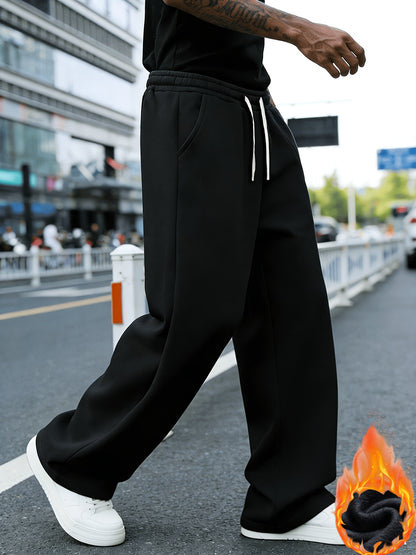 Men'S Casual Sports Long Pants, Loose Fit - Made of Polyester, Featuring a Drawstring Design, Suitable for Jogging, Streetwear, And Outdoor Activities, Warm Fleece-Lined Pants for Autumn And Winter