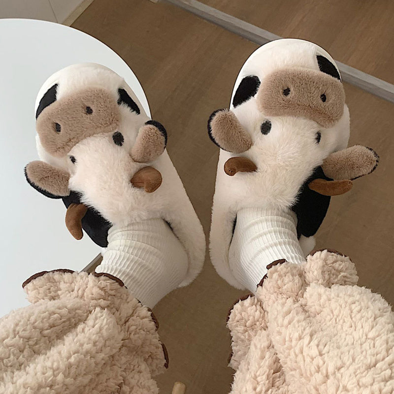 Cute Milk Cow Slippers | Women and Men Fuzzy Slippers, Winter Plush Platform Slides, Indoor Kawaii Shoes, Cartoon Style, Fabric Upper and Insole, TPU Sole