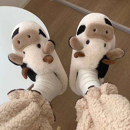 Cute Milk Cow Slippers | Women and Men Fuzzy Slippers, Winter Plush Platform Slides, Indoor Kawaii Shoes, Cartoon Style, Fabric Upper and Insole, TPU Sole