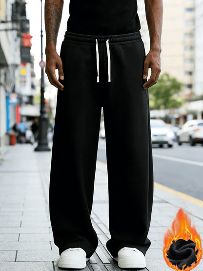 Men'S Casual Sports Long Pants, Loose Fit - Made of Polyester, Featuring a Drawstring Design, Suitable for Jogging, Streetwear, And Outdoor Activities, Warm Fleece-Lined Pants for Autumn And Winter