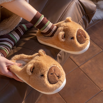 Men And Women Couple'S Anti-Slip Indoor Warm Plush Slippers for Home, Featuring Cartoon Capybara Design for Winter Holidays.