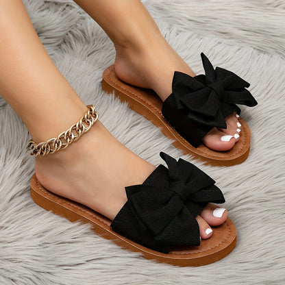 Women's Spring/Summer European and American Fashion Classic Versatile Playful Cute Bow White and Brown Flat Sandals, Bohemian Style Youthful Sweet Romantic Casual White Women's Flat Slippers, Portable Women's Strappy Flat San