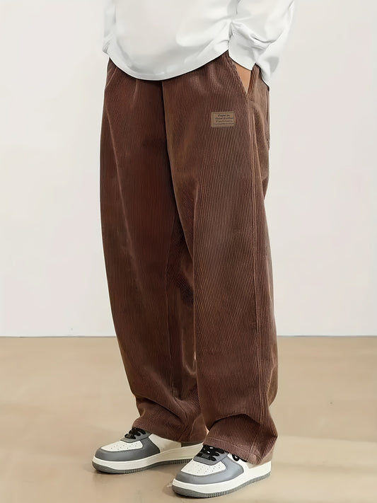 Men'S Solid Color Vintage Style Loose Corduroy Trousers From