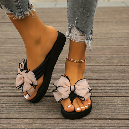3Cm Pink Bow Flip-Flops, New 2026 Beach Sandals for Women, Stylish Thick-Soled Wedge Sandals for Summer, Perfect for Wearing by The Sea with Floral Designs., Women Shoes