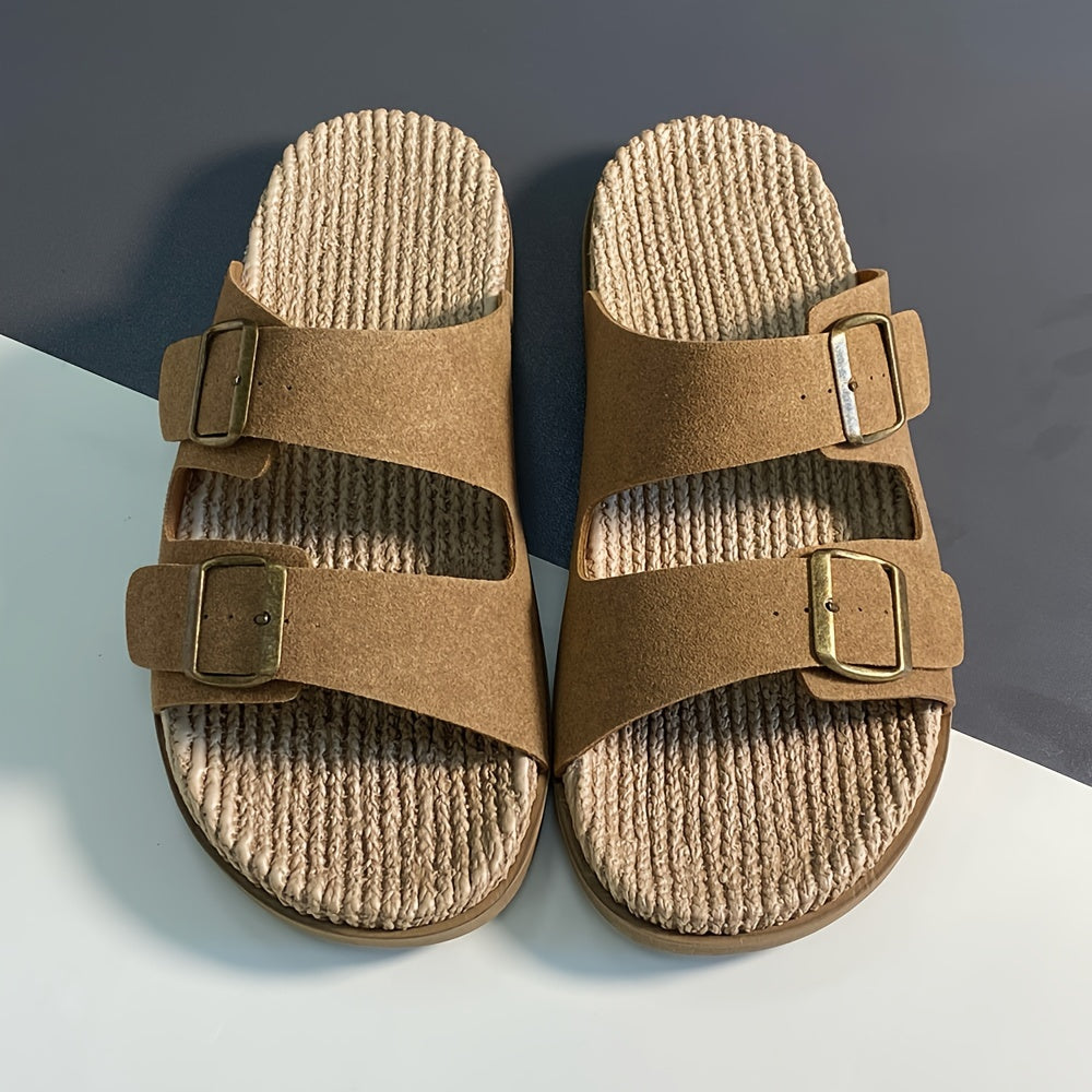Men'S Quick-Dry Breathable Slide Sandals - Comfortable Indoor/Outdoor Summer Beach Shoes with Double Buckle Closure, Stylish Brown Faux Cover Design for Casual Wear, Beach Footwear | Stylish Men'S Sandals | EVA Sole Sandals
