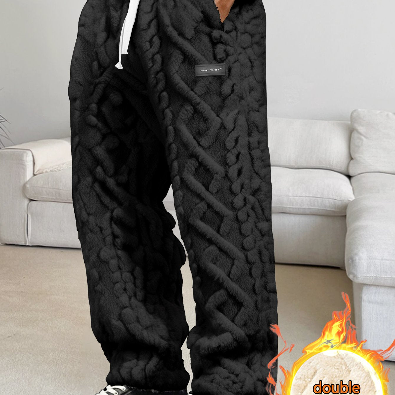 Men'S Thickened Fleece Long Pants Made of Jacquard Fabric, Featuring an Elastic Waistband with Drawstring, Comfortable And Lightweight, Suitable for Keeping Warm at Home