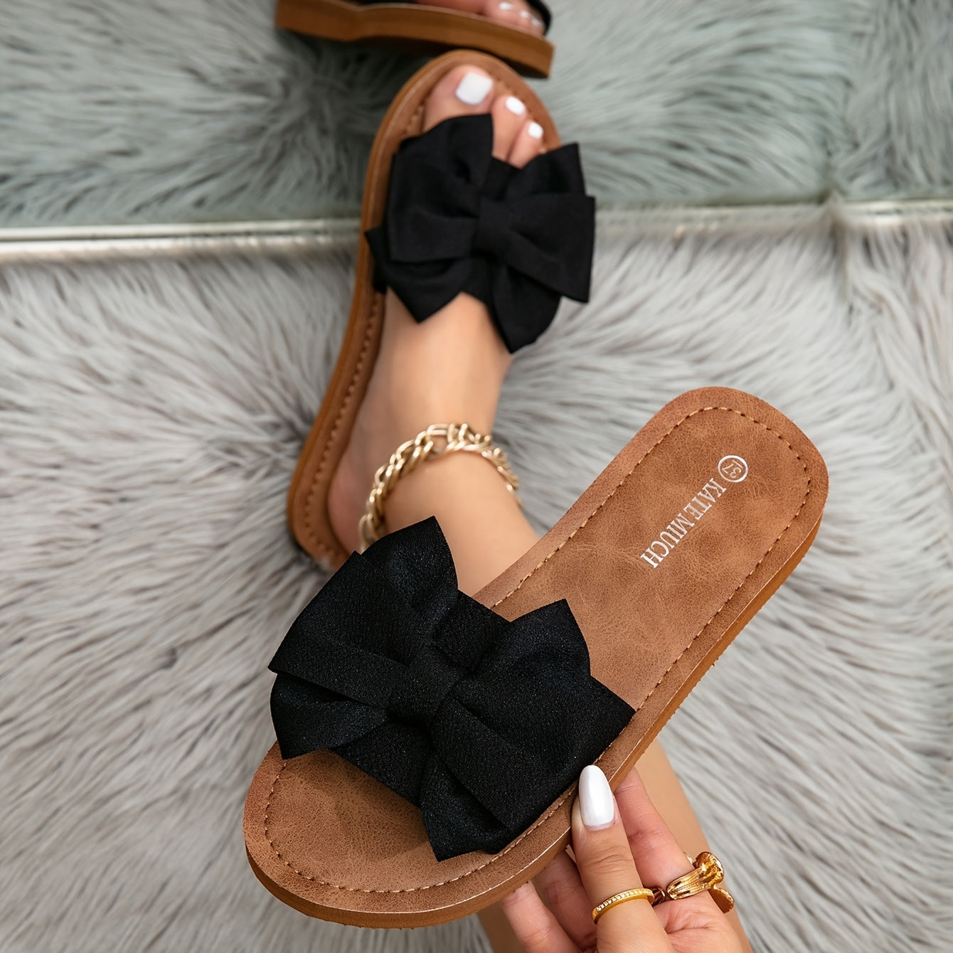 Women's Spring/Summer European and American Fashion Classic Versatile Playful Cute Bow White and Brown Flat Sandals, Bohemian Style Youthful Sweet Romantic Casual White Women's Flat Slippers, Portable Women's Strappy Flat San