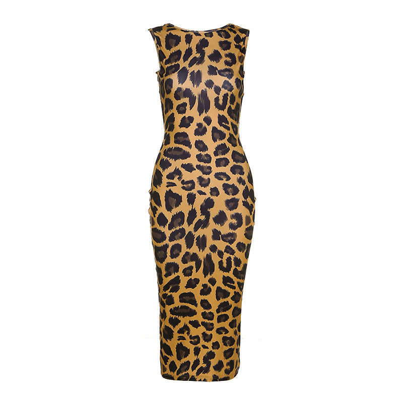 Leopard Print Backless Sleeveless Bodycon Dress - Stretchy Slim Fit Long Length Crew Neck Gothic Raglan Style Machine Washable Autumn Fashion Dress for Women, Leopard Print Dress, Street Style Attire, Formal Elegance, Smooth