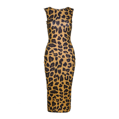Leopard Print Backless Sleeveless Bodycon Dress - Stretchy Slim Fit Long Length Crew Neck Gothic Raglan Style Machine Washable Autumn Fashion Dress for Women, Leopard Print Dress, Street Style Attire, Formal Elegance, Smooth