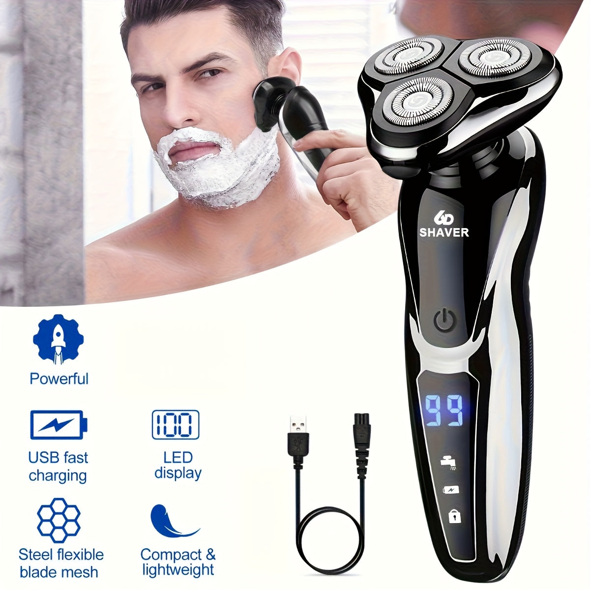 Rechargeable 3-Head lectric Shaver for Men, standard or Multi-Functional Grooming Kit withOptional Nose/Sideburn Trimmer & Cutting Head, suitable for Men's Shaving, Kids' Haircutsand Women's Body Hair Trimming