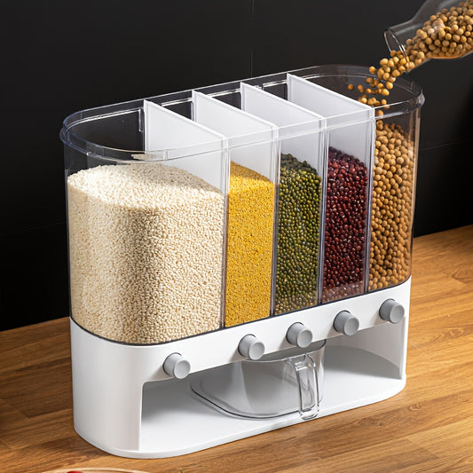1pc Upgraded 5-Compartment Sealed Kitchen Storage Container | Square Plastic Grain & Dry Food Organizer for Rice, Beans, Pasta & Spices - Space-Saving, Bug-Proof & Moisture-Proof 12L Japanese-Style Cereal Box, Perfect Gift