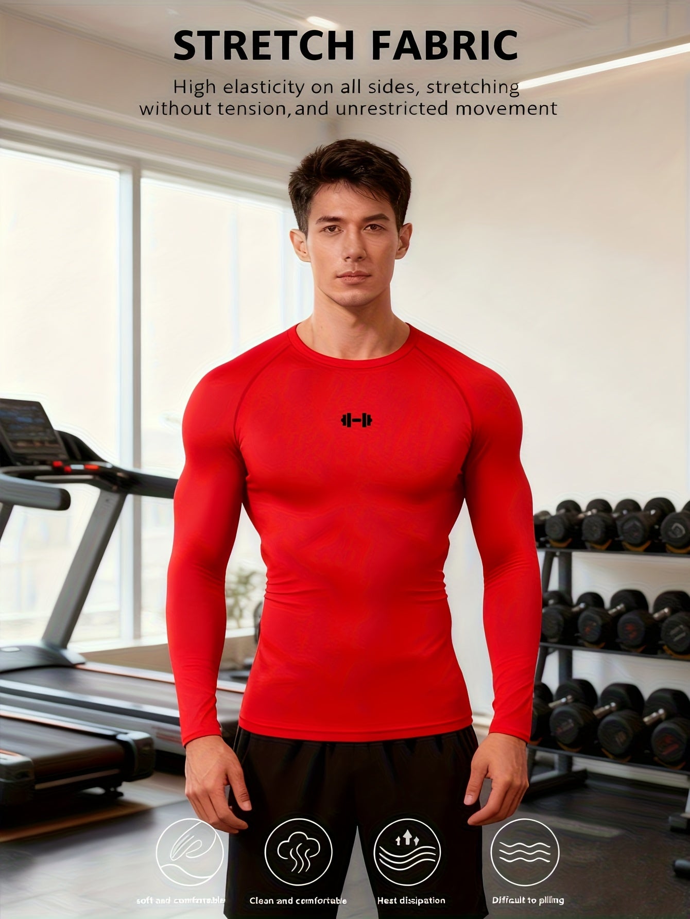 Men's Athletic T-Shirt, Sporty Body-Hugging Fit with High Elasticity, Crew Neck, Long Sleeve, Suitable for Hiking, Jogging, Cycling, and Outdoor Fitness Workouts