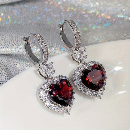 Aqua Blue Red Stone Heart Shaped Wedding Earrings For Women Eternity Love Earrings Engagement Accessories Fashion Jewelry