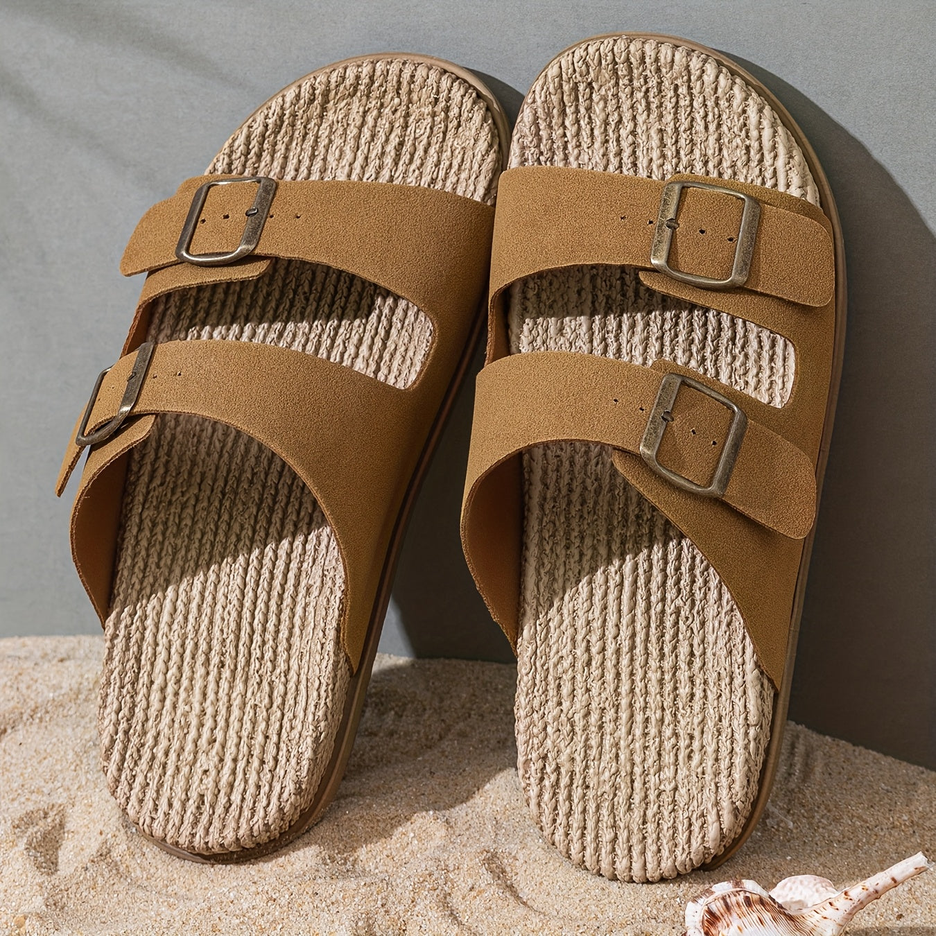 Men'S Quick-Dry Breathable Slide Sandals - Comfortable Indoor/Outdoor Summer Beach Shoes with Double Buckle Closure, Stylish Brown Faux Cover Design for Casual Wear, Beach Footwear | Stylish Men'S Sandals | EVA Sole Sandals