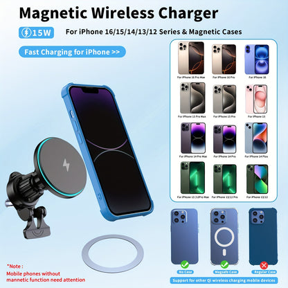 15W Magnetic Car Charger, Featuring a Strong Magnet, This Magnetic Wireless Charging Mount Is Compatible with Iphone 15 Pro Max, 14, 13, 12 Plus. It Is a Qi Car Charger with a Magnetic Design, Allowing for 360° Rotation And